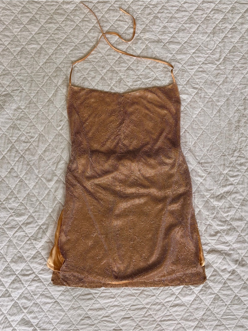 12th Tribe Gold Mini Slip Dress with Rhinestone Mesh
